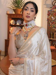 Marvelous Off-White Zari Weaving Satin Wedding Wear Saree With Blouse