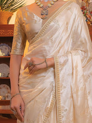 Marvelous Off-White Zari Weaving Satin Wedding Wear Saree With Blouse