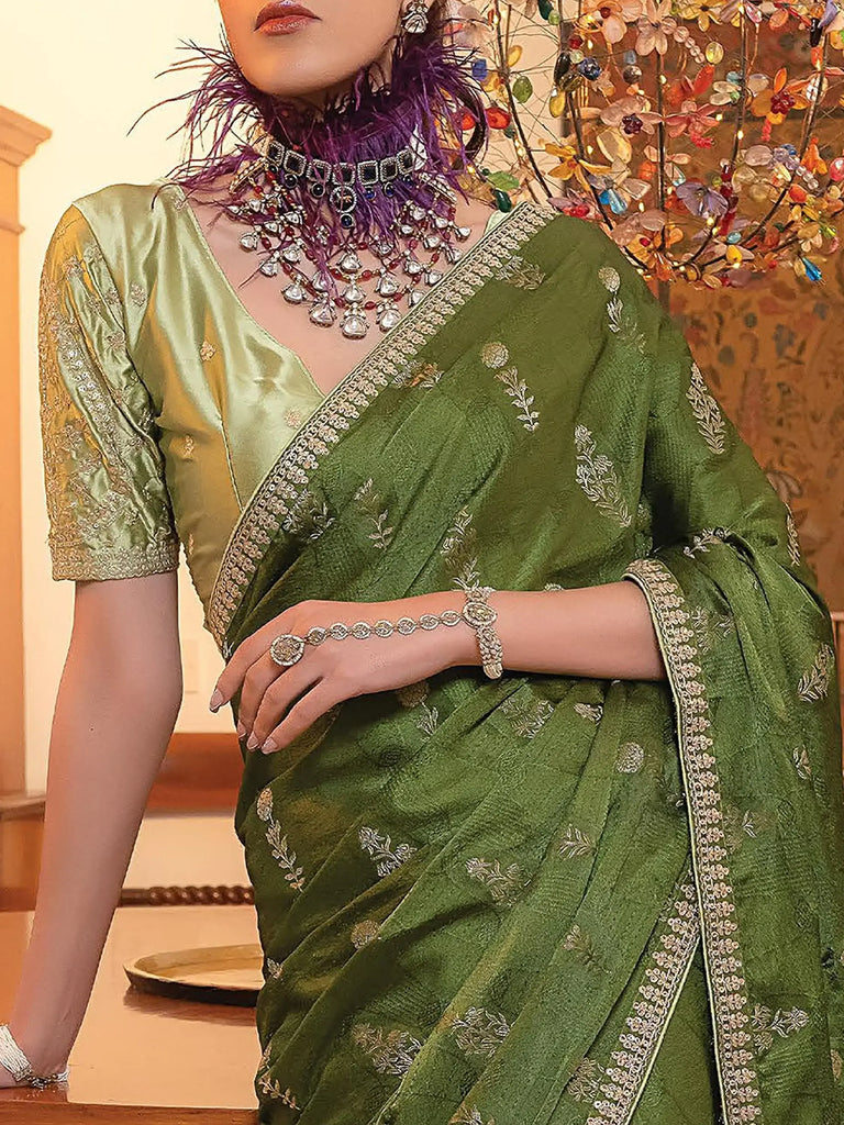 Outstanding Olive Green Zari Weaving Satin Mehendi Wear Saree