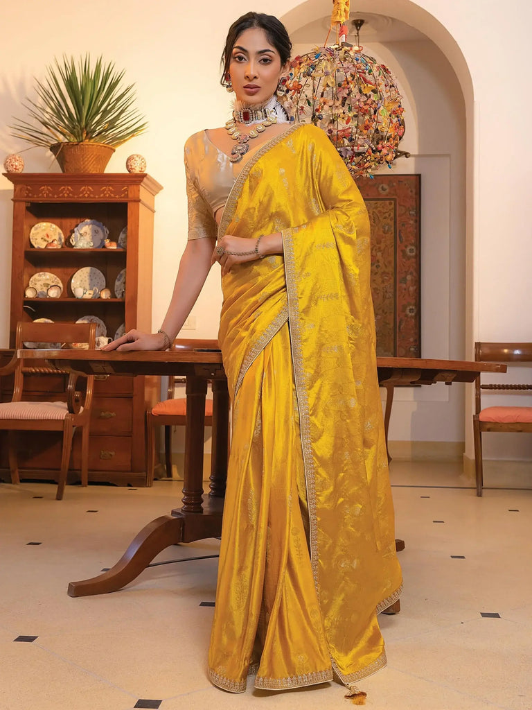 Fascinating Yellow Zari Weaving Satin Haldi Wear Saree With Blouse