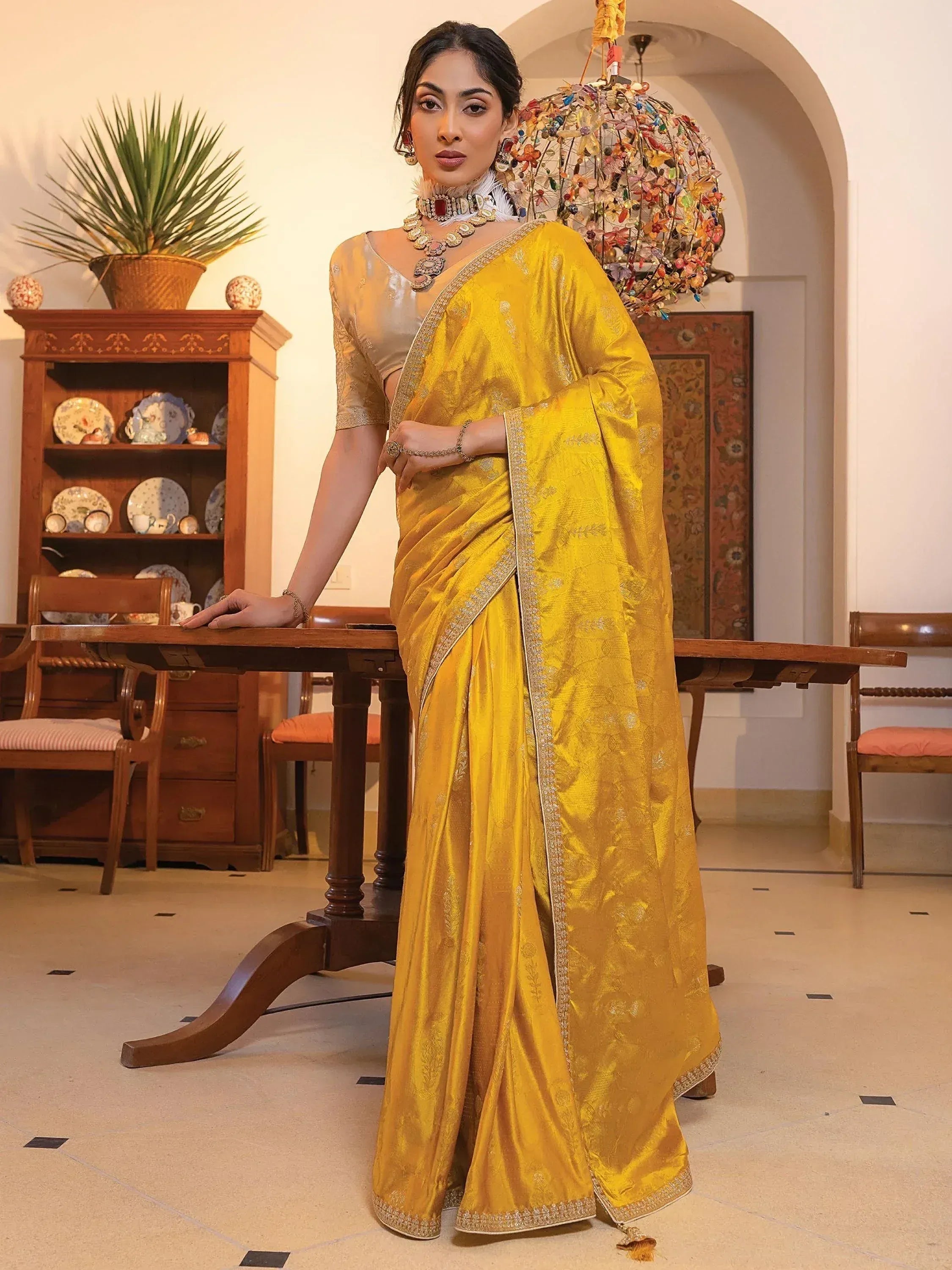 Yellow designer saree with gold embroidery, ethnic wear for women, perfect for weddings and festivals