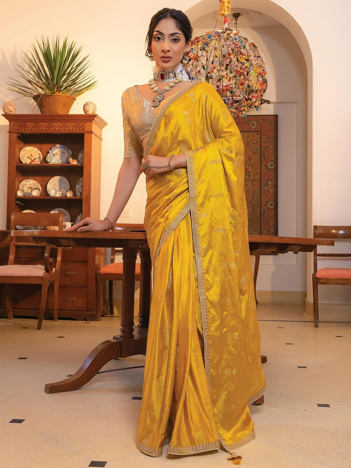 Fascinating Yellow Zari Weaving Satin Haldi Wear Saree With Blouse