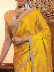 Fascinating Yellow Zari Weaving Satin Haldi Wear Saree With Blouse