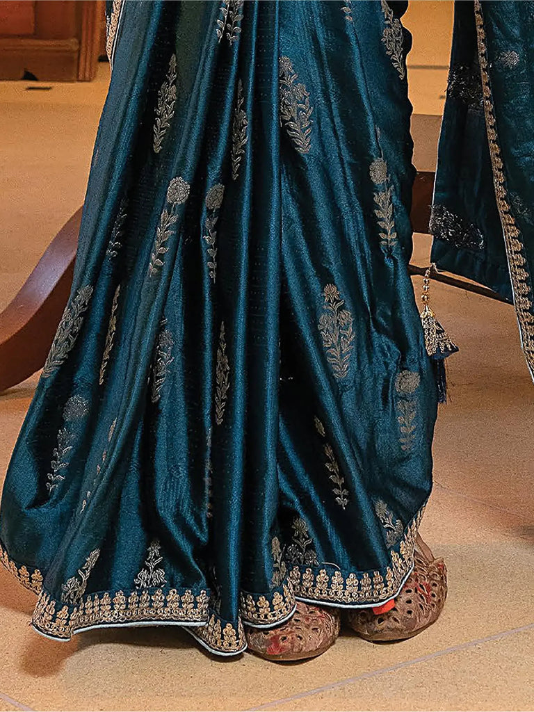 Marvelous Blue Zari Weaving Satin Function Wear Saree With Blouse