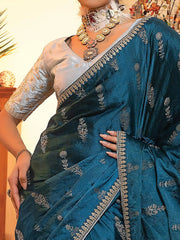 Marvelous Blue Zari Weaving Satin Function Wear Saree With Blouse