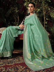 Pretty Teal Green Zari Weaving Silk Festival Wear Saree With Blouse