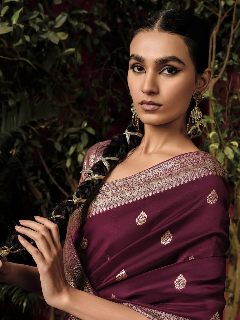 Stunning Maroon Zari Weaving Silk Wedding Saree With Blouse