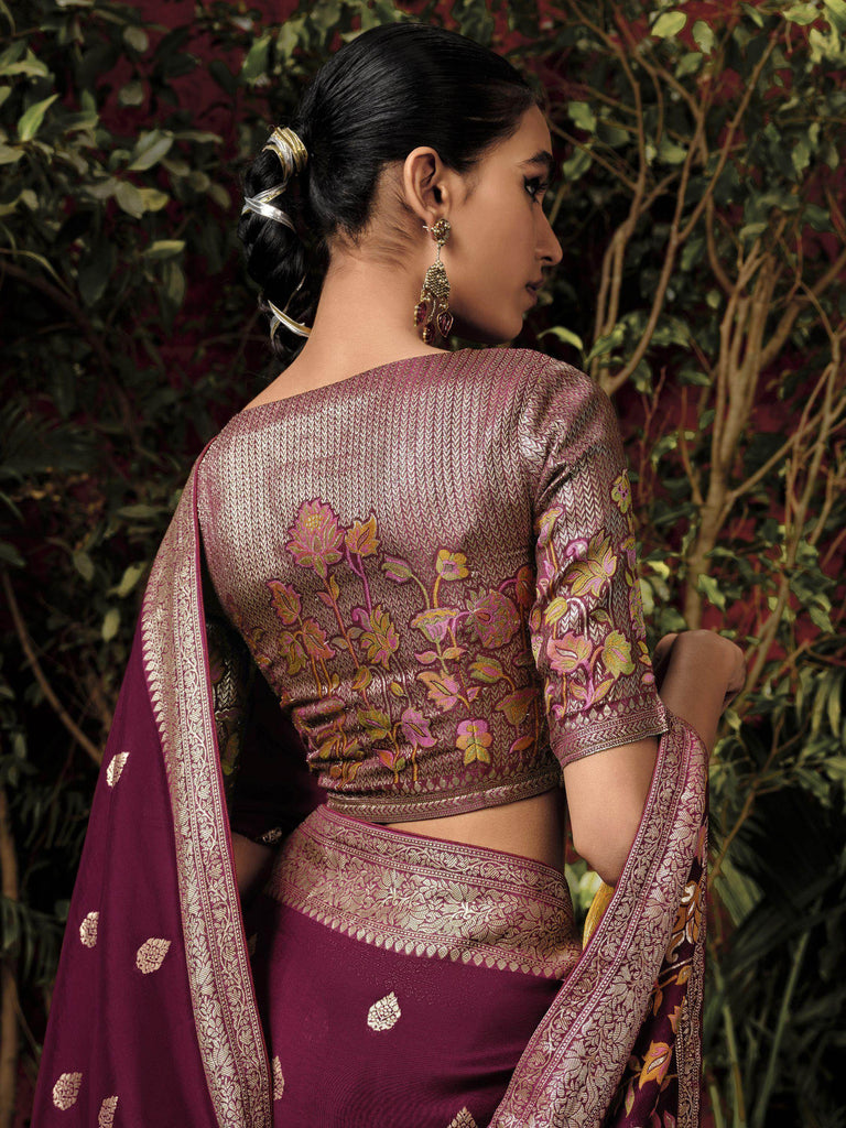 Stunning Maroon Zari Weaving Silk Wedding Saree With Blouse
