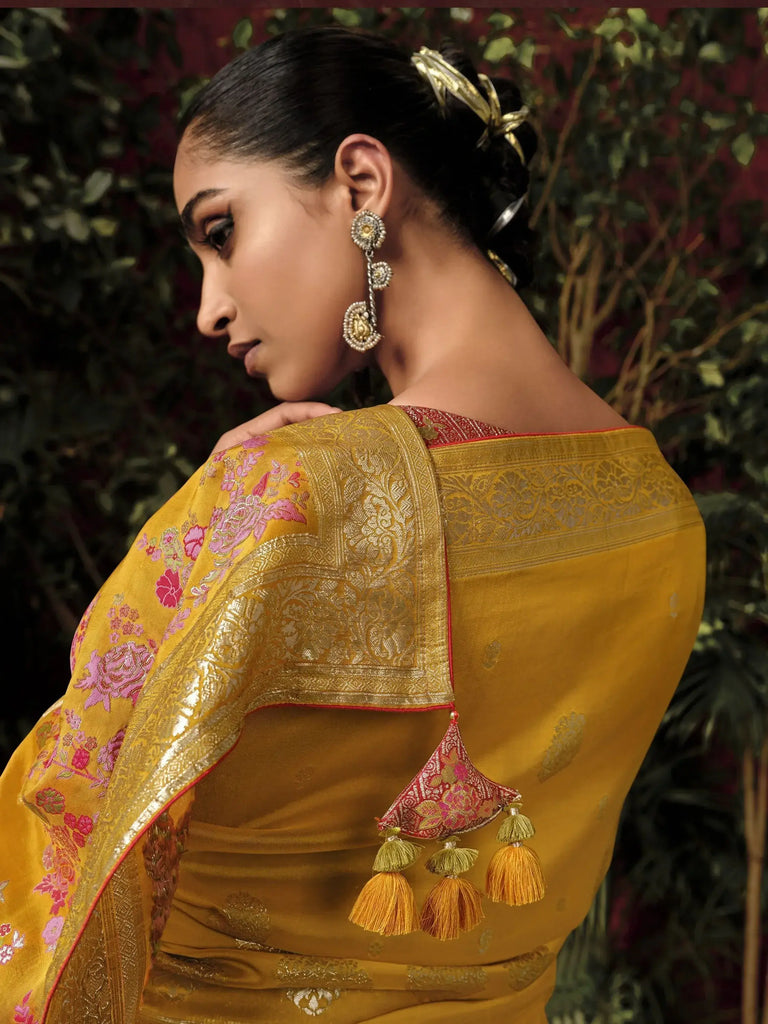 Incredible Yellow Zari Weaving Silk Haldi Wear Saree With Blouse