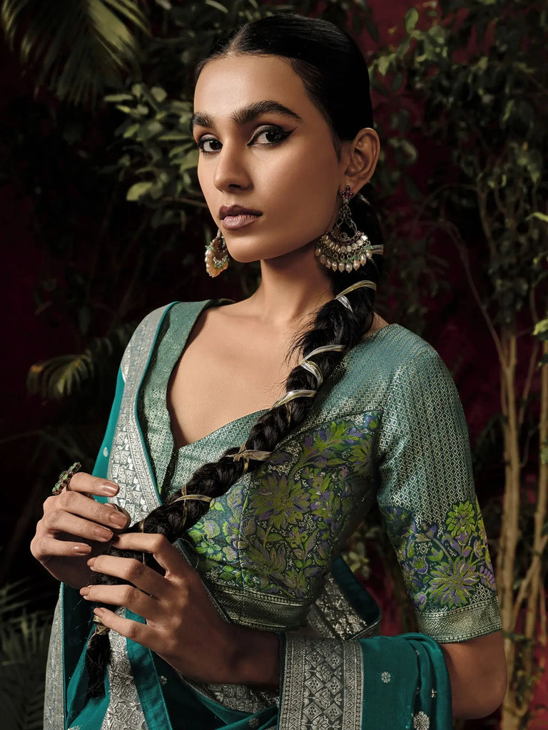 Adorable Green Zari Weaving Silk Mehendi Wear Saree With Blouse