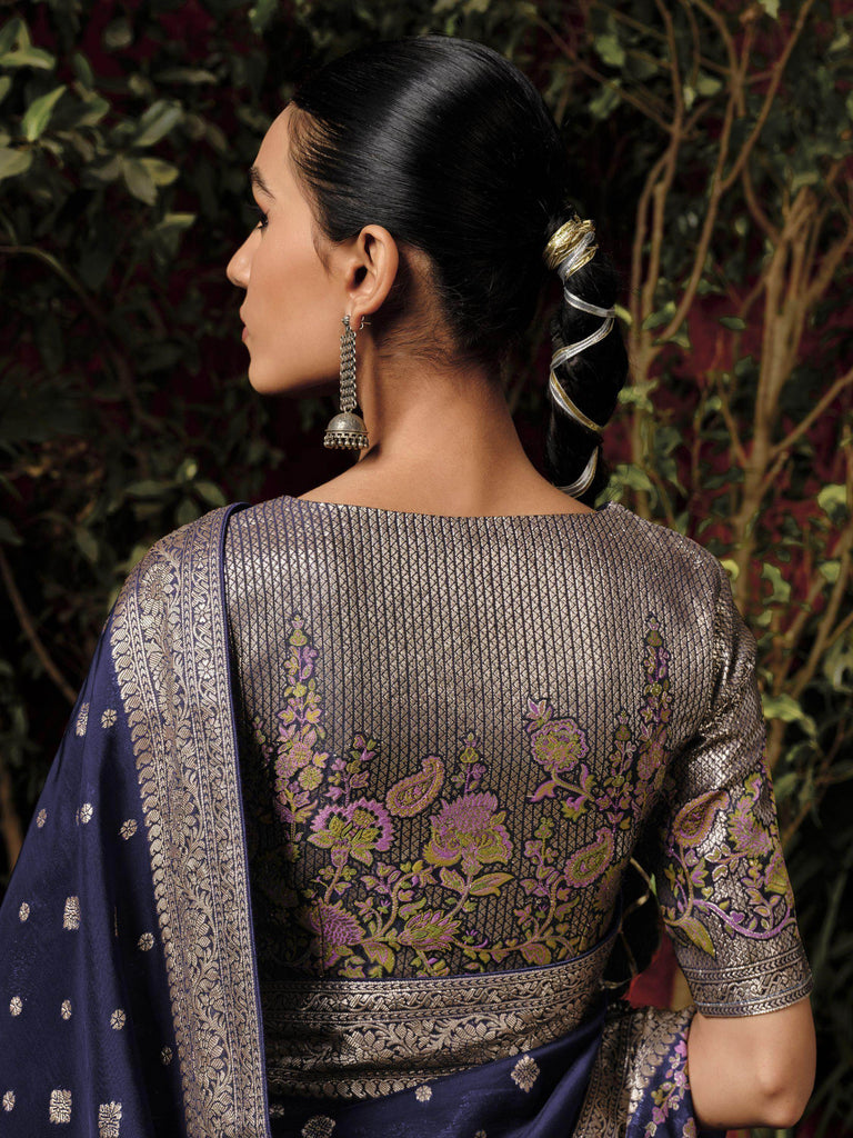 Precious Navy Blue Zari Weaving Silk Traditional Saree With Blouse
