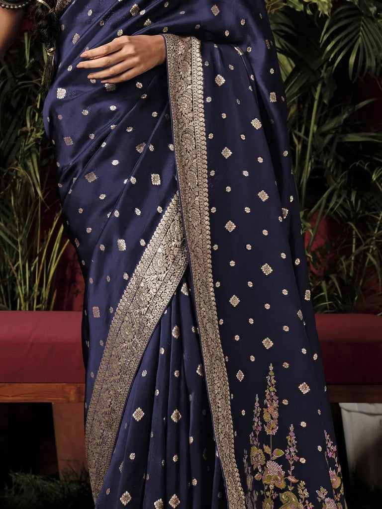 Precious Navy Blue Zari Weaving Silk Traditional Saree With Blouse
