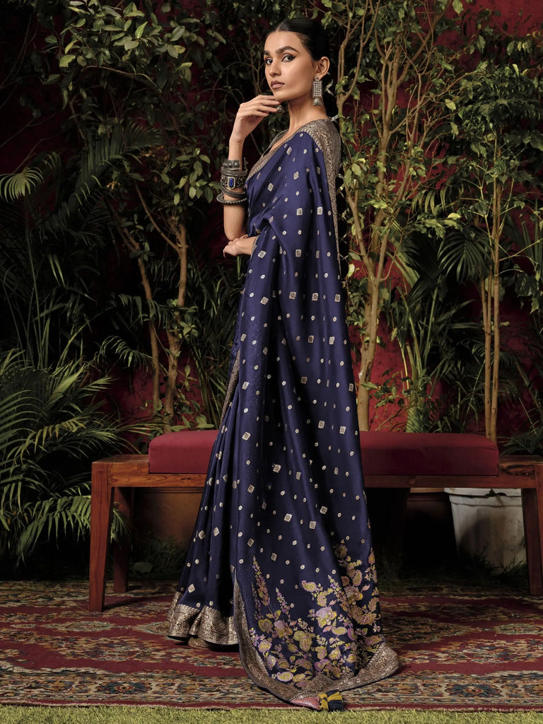 Precious Navy Blue Zari Weaving Silk Traditional Saree With Blouse