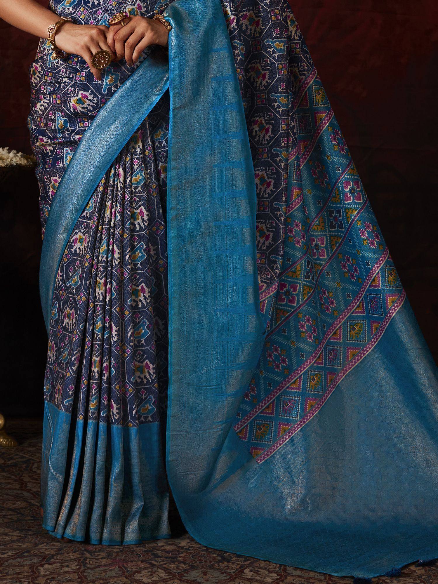 Blue printed saree with geometric motifs and contrast border, Indian ethnic wear