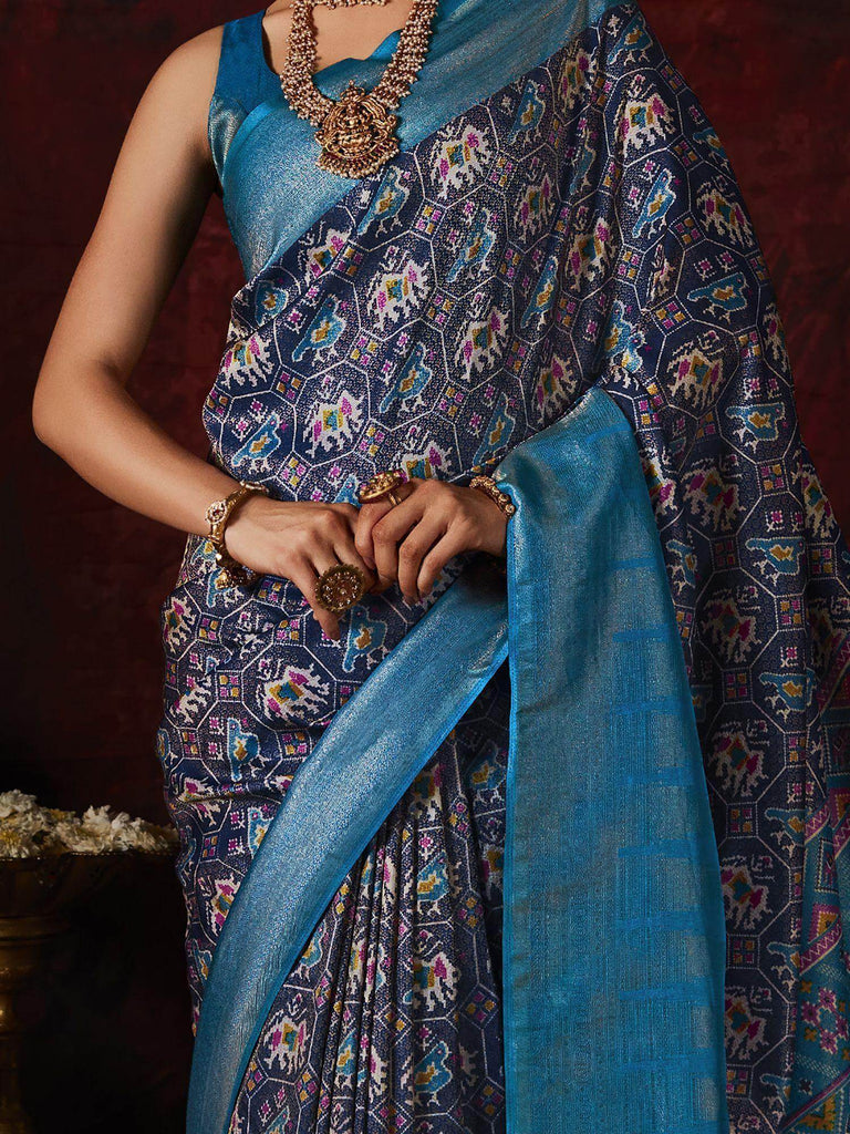 Charming Blue Patola Printed Silk Wedding Wear Saree With Blouse
