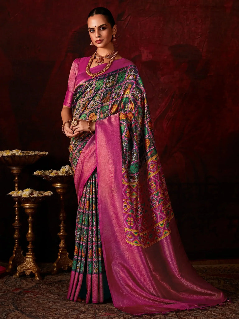 Adorable Olive Green Patola Printed Silk Traditional Saree With Blouse