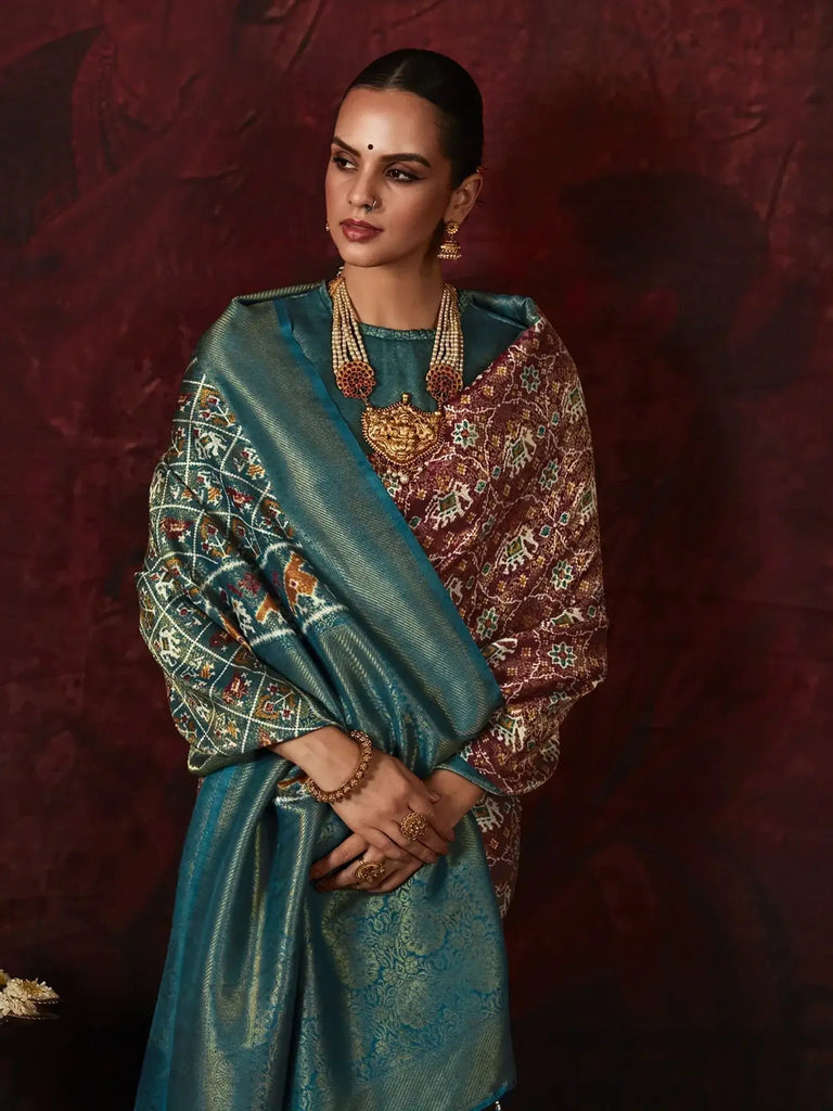 Awesome Brown Patola Printed Silk Function Wear Saree With Blouse