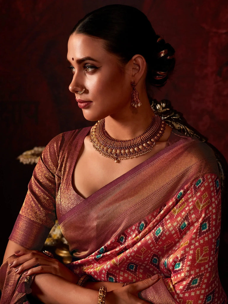 Amazing Coral Red Printed Silk Event Wear Saree With Blouse