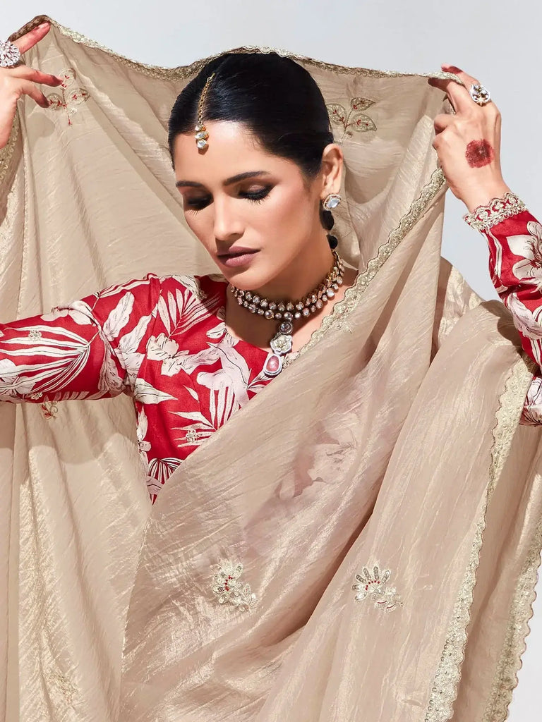 Amazing Ivory Embroidered Organza Wedding Wear Saree With Blouse