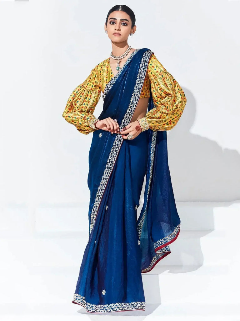 Marvelous Blue Embroidered Organza Engagement Wear Saree