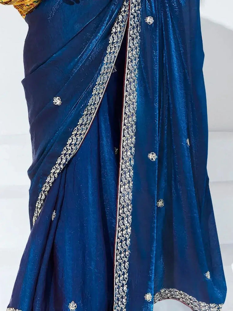 Marvelous Blue Embroidered Organza Engagement Wear Saree