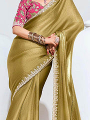 Gorgeous Mustard Yellow Lace Work Organza Reception Wear Saree