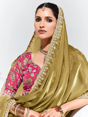 Gorgeous Mustard Yellow Lace Work Organza Reception Wear Saree
