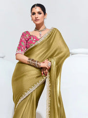 Gorgeous Mustard Yellow Lace Work Organza Reception Wear Saree