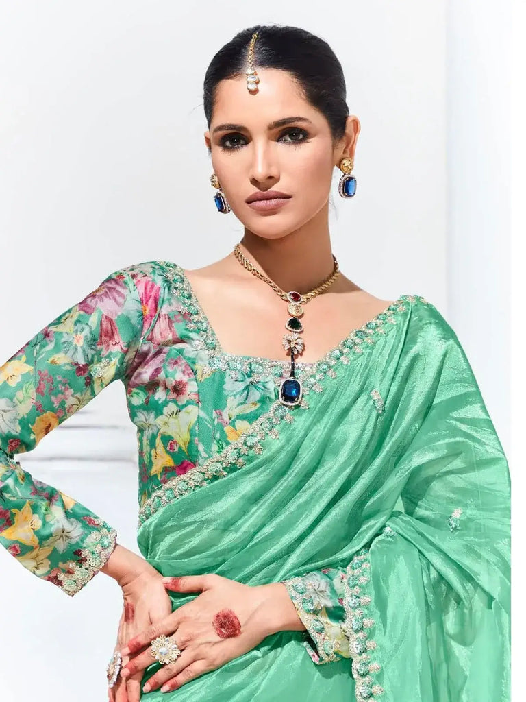 Enchanting Teal Green Embroidered Organza Engagement Wear Saree