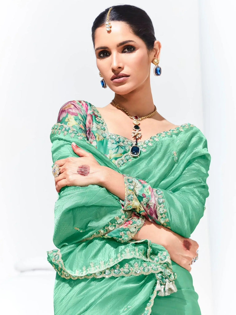 Enchanting Teal Green Embroidered Organza Engagement Wear Saree