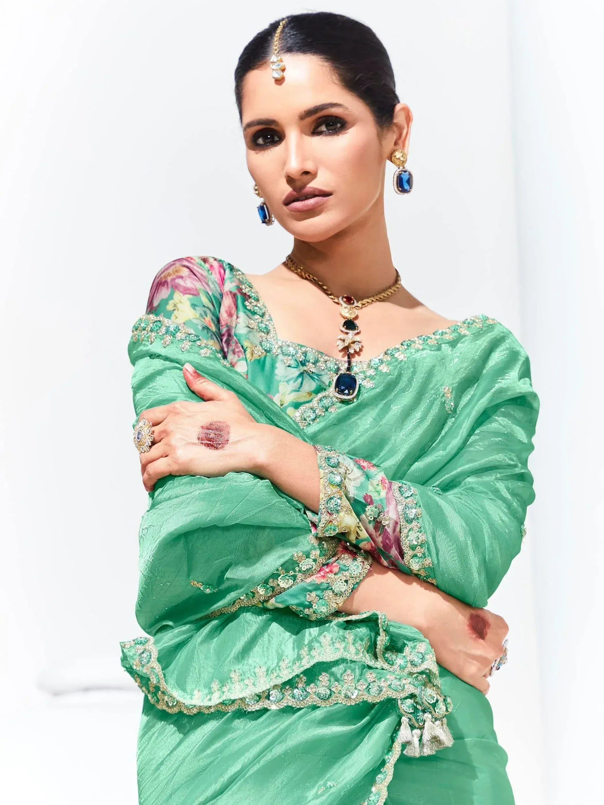 Enchanting Teal Green Embroidered Organza Engagement Wear Saree