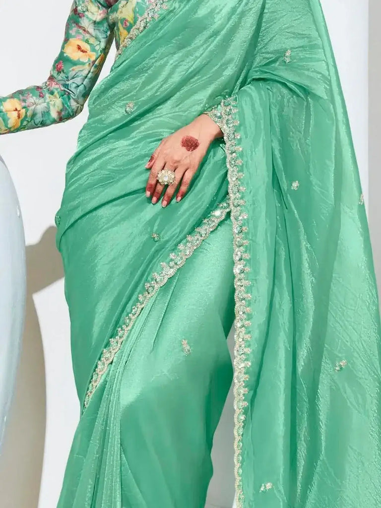 Enchanting Teal Green Embroidered Organza Engagement Wear Saree
