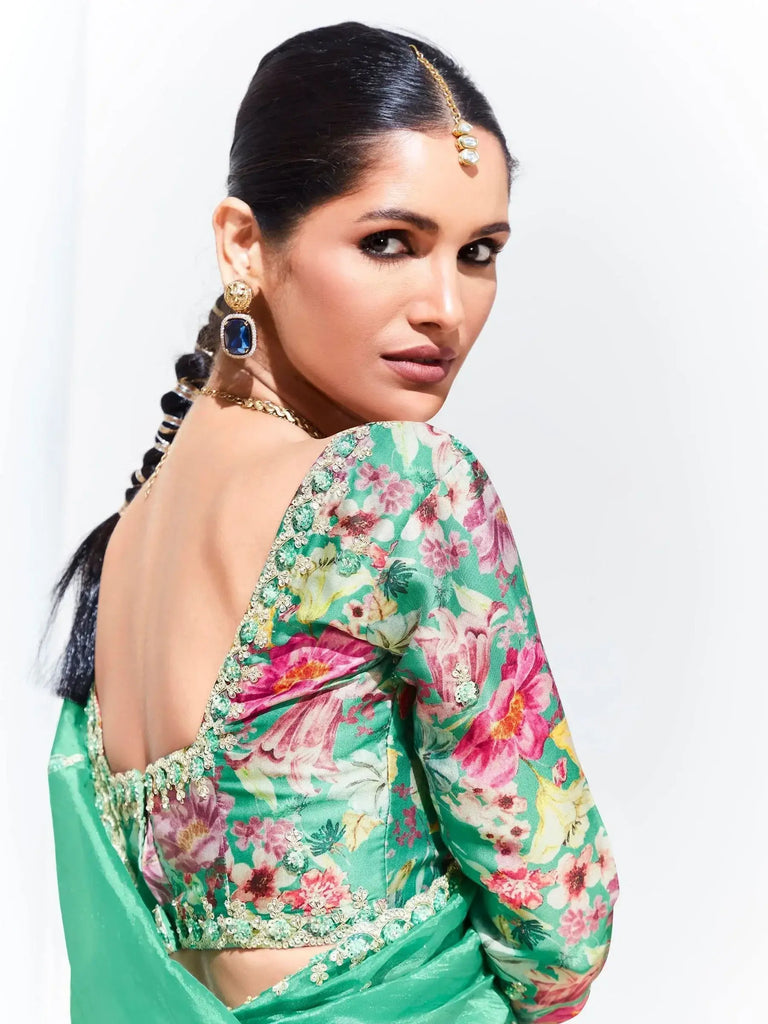 Enchanting Teal Green Embroidered Organza Engagement Wear Saree