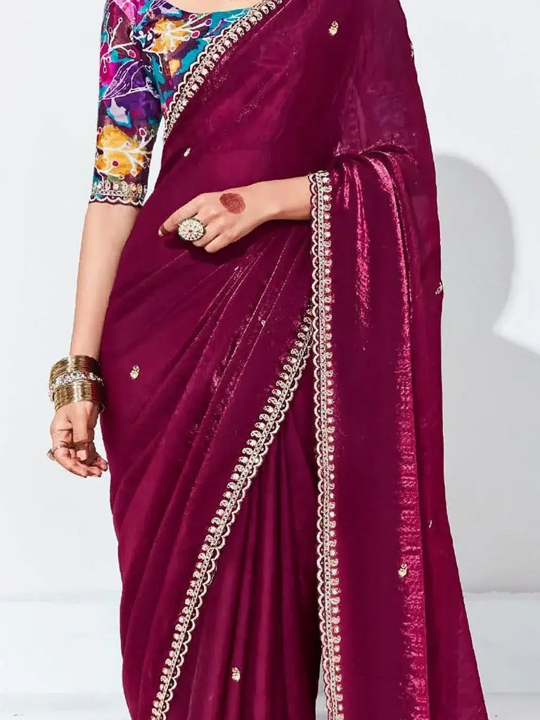 Fascinating Maroon Embroidered Organza Wedding Saree With Blouse