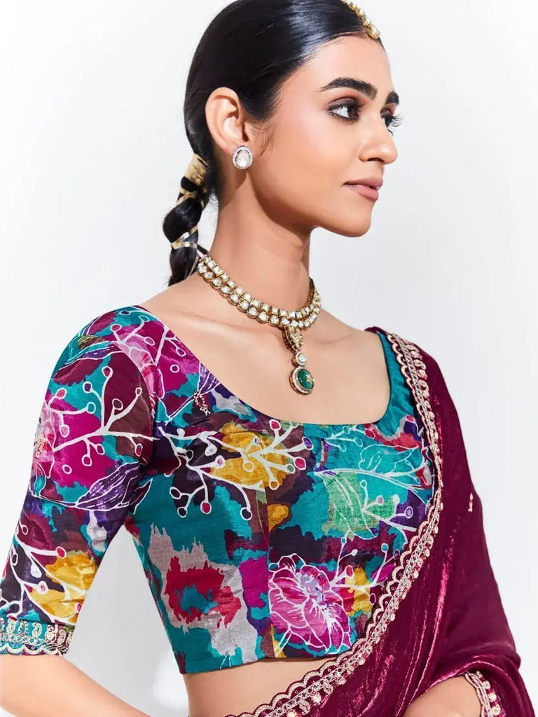 Fascinating Maroon Embroidered Organza Wedding Saree With Blouse