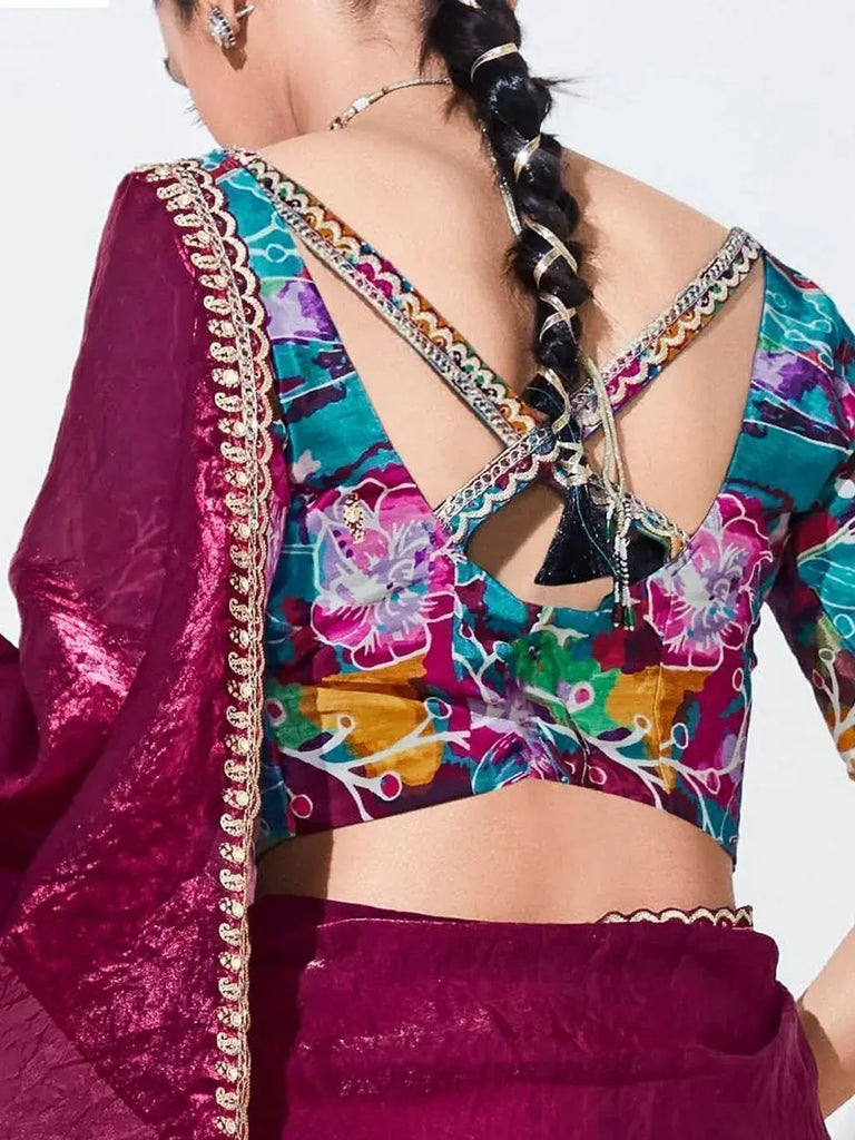 Fascinating Maroon Embroidered Organza Wedding Saree With Blouse