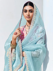 Charming Sky-Blue Embroidered Organza Engagement Wear Saree