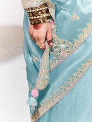 Charming Sky-Blue Embroidered Organza Engagement Wear Saree