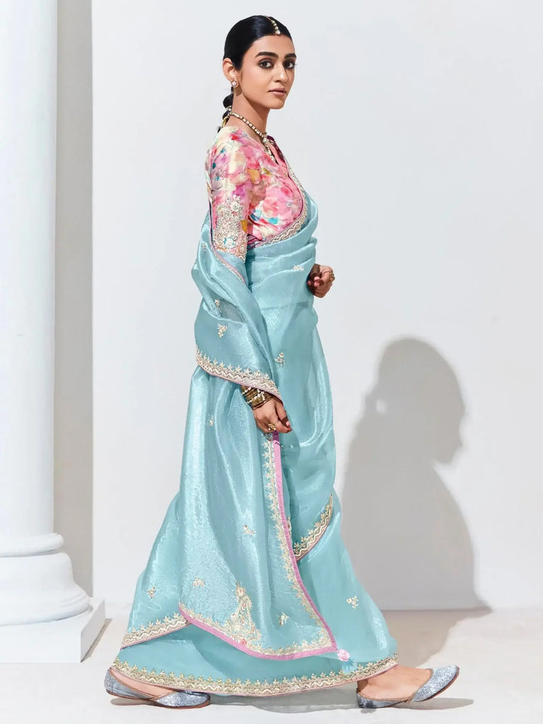 Charming Sky-Blue Embroidered Organza Engagement Wear Saree