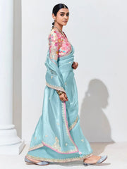 Charming Sky-Blue Embroidered Organza Engagement Wear Saree