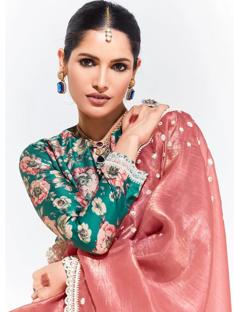 Precious Peach Sequins Organza Reception Wear Saree With Blouse