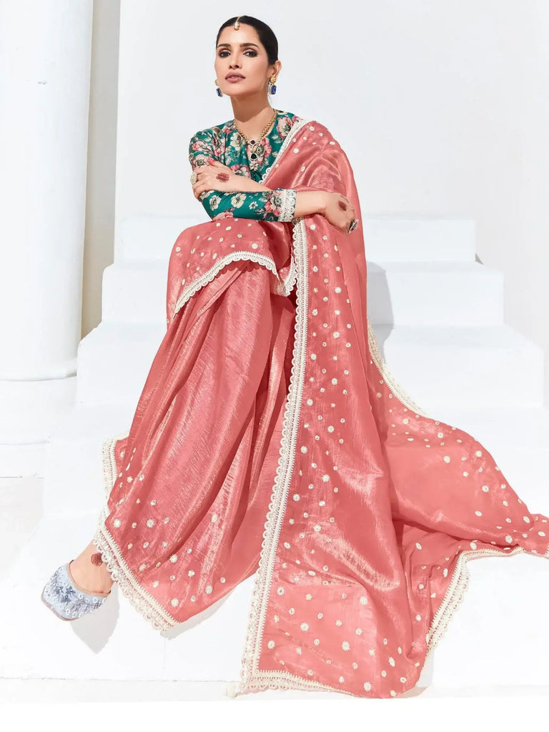 Precious Peach Sequins Organza Reception Wear Saree With Blouse