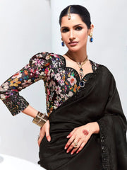 Captivating Black Sequins Organza Party Wear Saree With Blouse