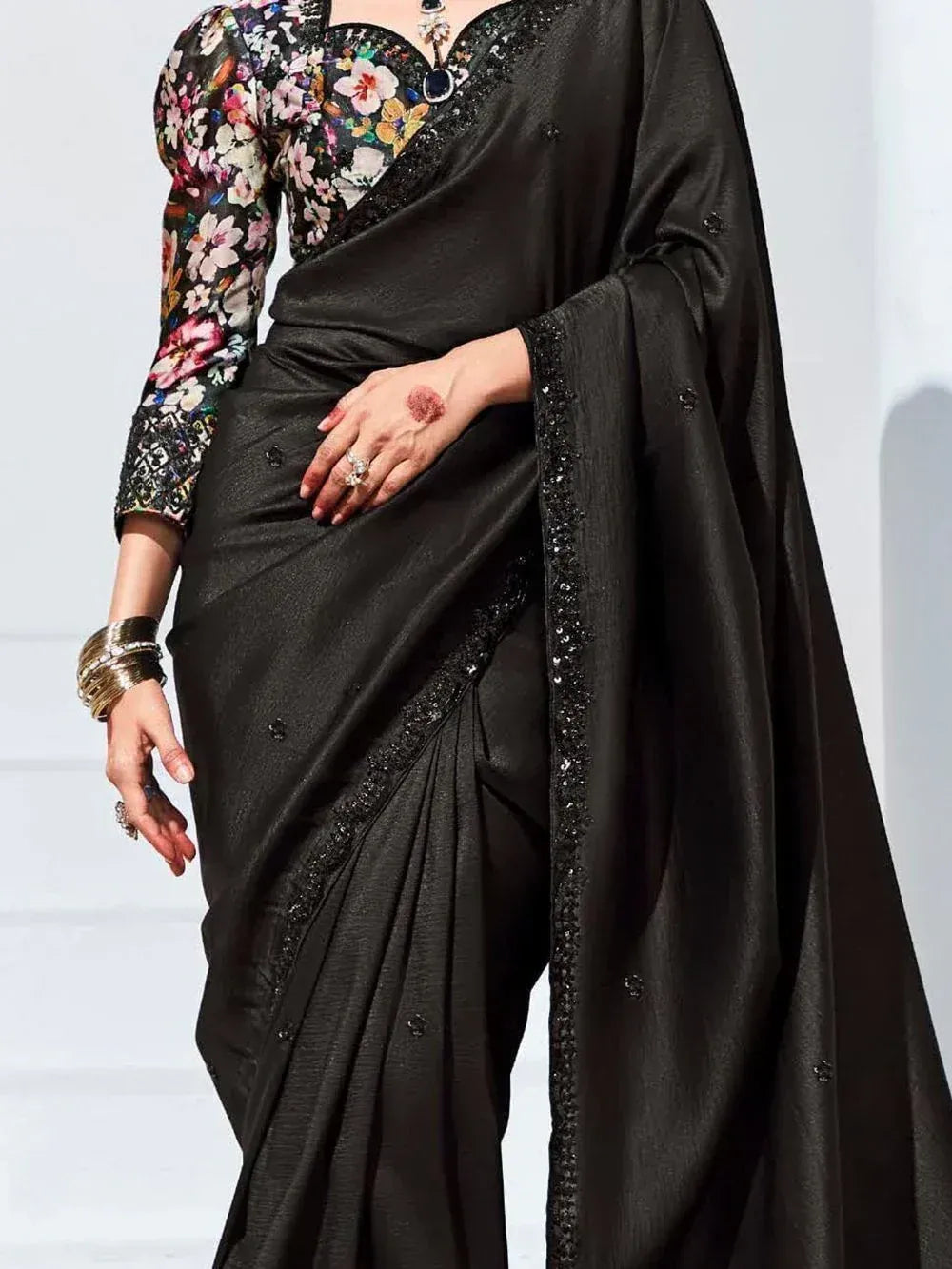 Black satin saree with floral blouse and sequin border, Indian ethnic wear