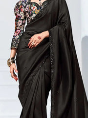 Captivating Black Sequins Organza Party Wear Saree With Blouse
