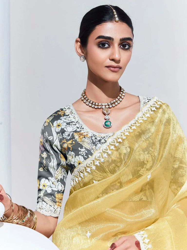 Glamorous Yellow Embroidered Organza Haldi Wear Saree With Blouse