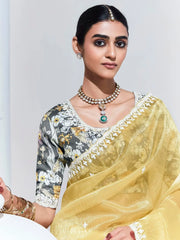 Glamorous Yellow Embroidered Organza Haldi Wear Saree With Blouse