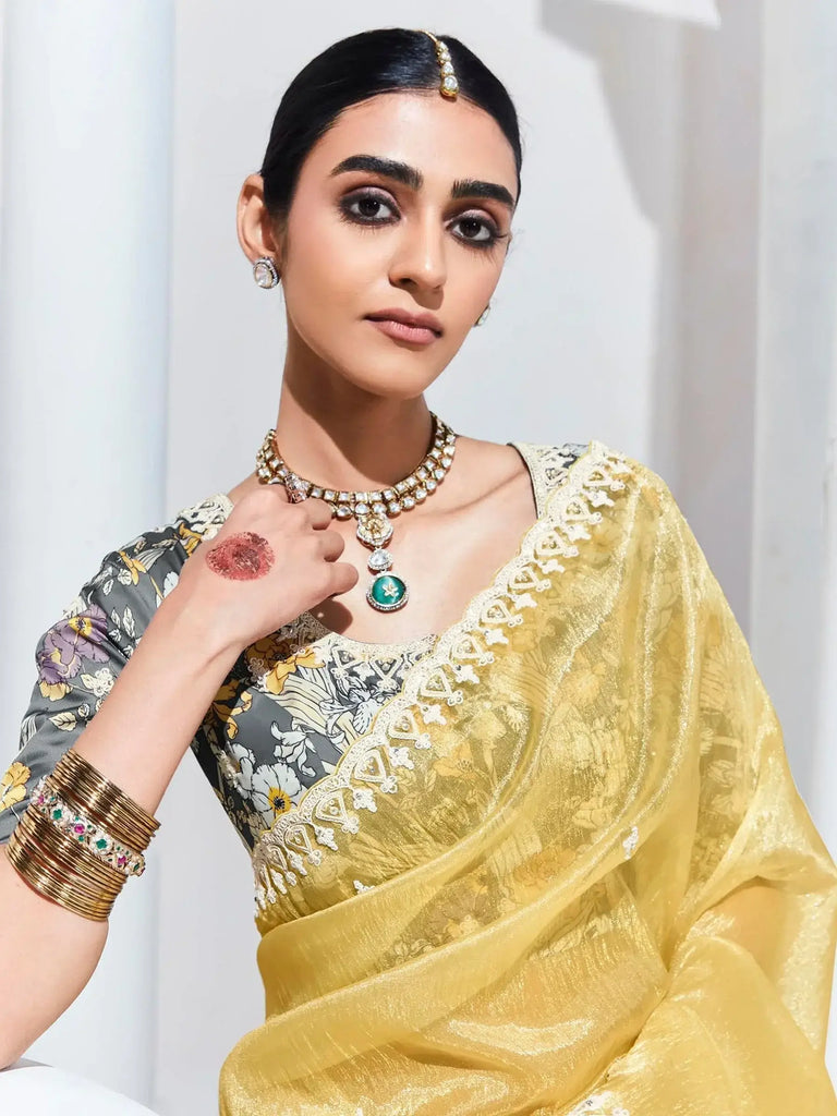 Glamorous Yellow Embroidered Organza Haldi Wear Saree With Blouse