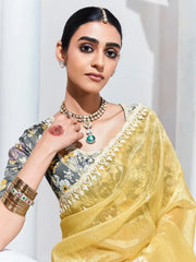 Glamorous Yellow Embroidered Organza Haldi Wear Saree With Blouse