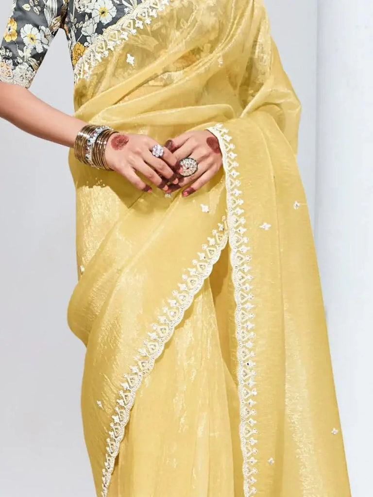 Glamorous Yellow Embroidered Organza Haldi Wear Saree With Blouse